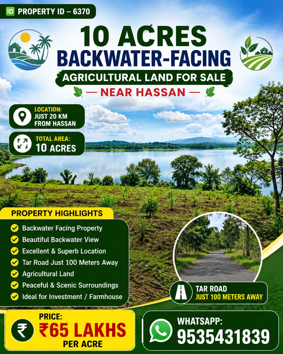 🆔 *PROPERTY ID – 6370* 🌊🌿🏡 *10 ACRES BACKWATER-FACING AGRICULTURAL LAND FOR SALE – NEAR HASSAN* 🏡🌿🌊